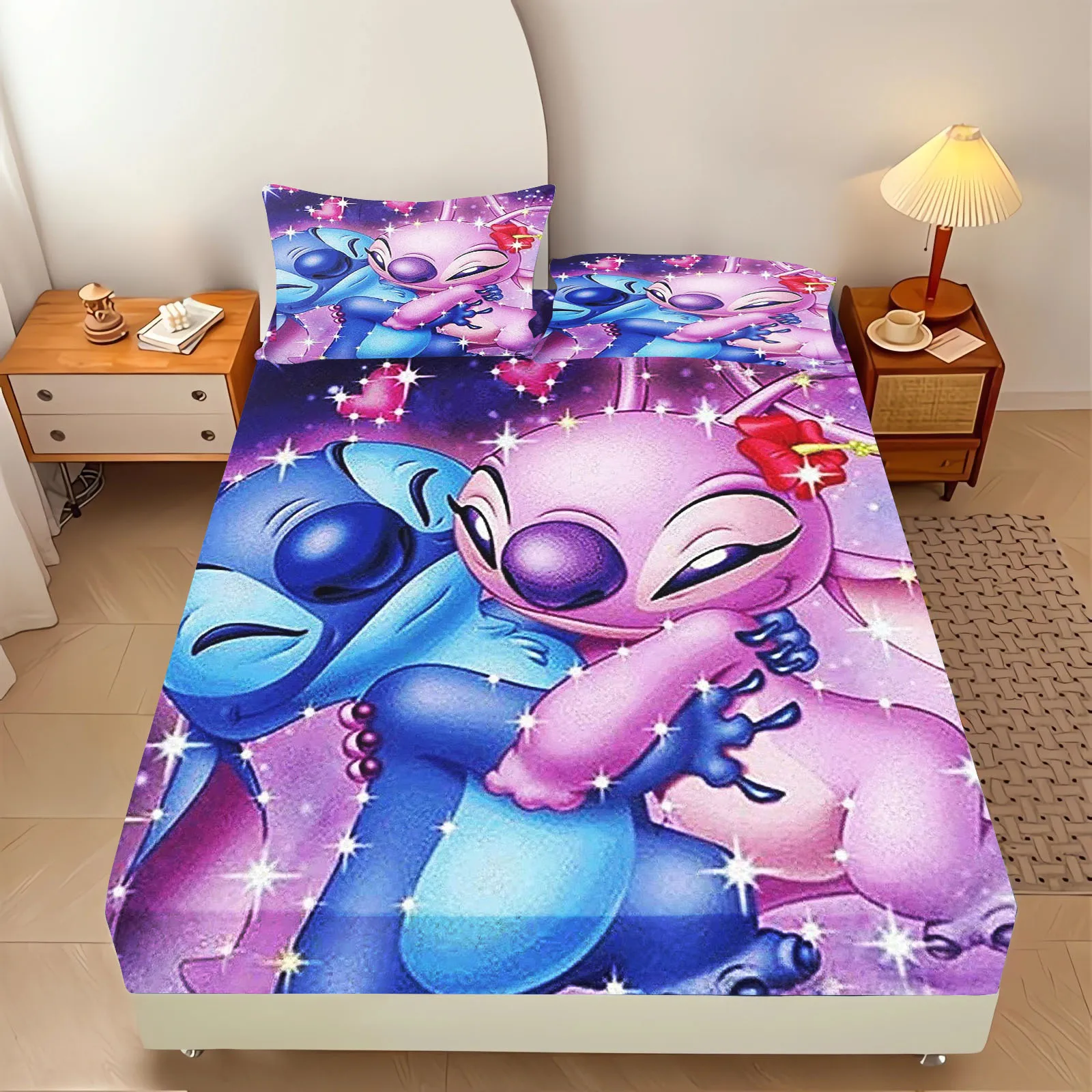 Stitch Fitted Sheet 100% Polyester Bedding Set With Pillowcase Suitable For Children And Adults Anime Kawaii