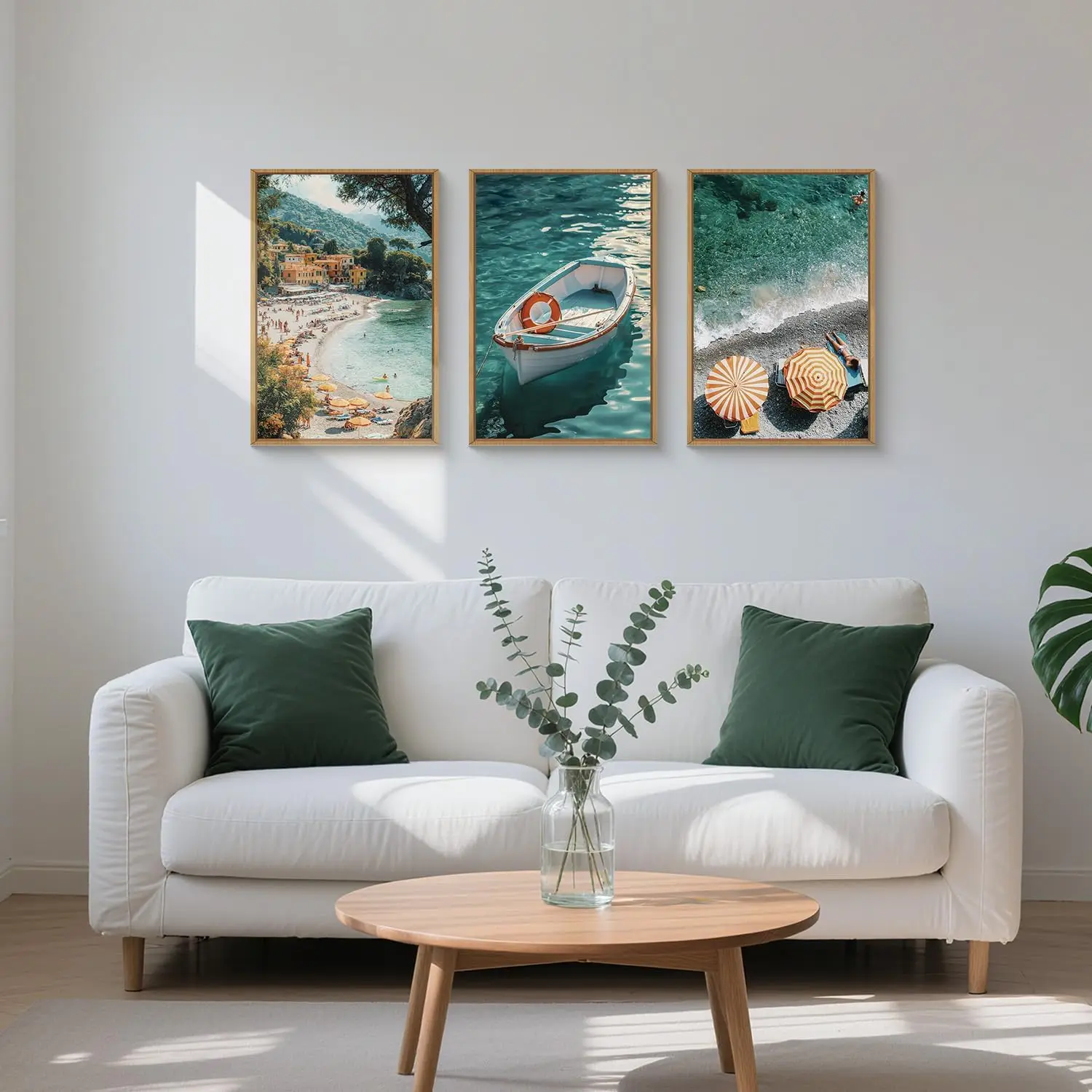 

3pcs Natural Blue-green Beach Scenery Canvas Poster Wall Art, Modern Summer Sea Boat Umbrella Living Room Home Decoration Print