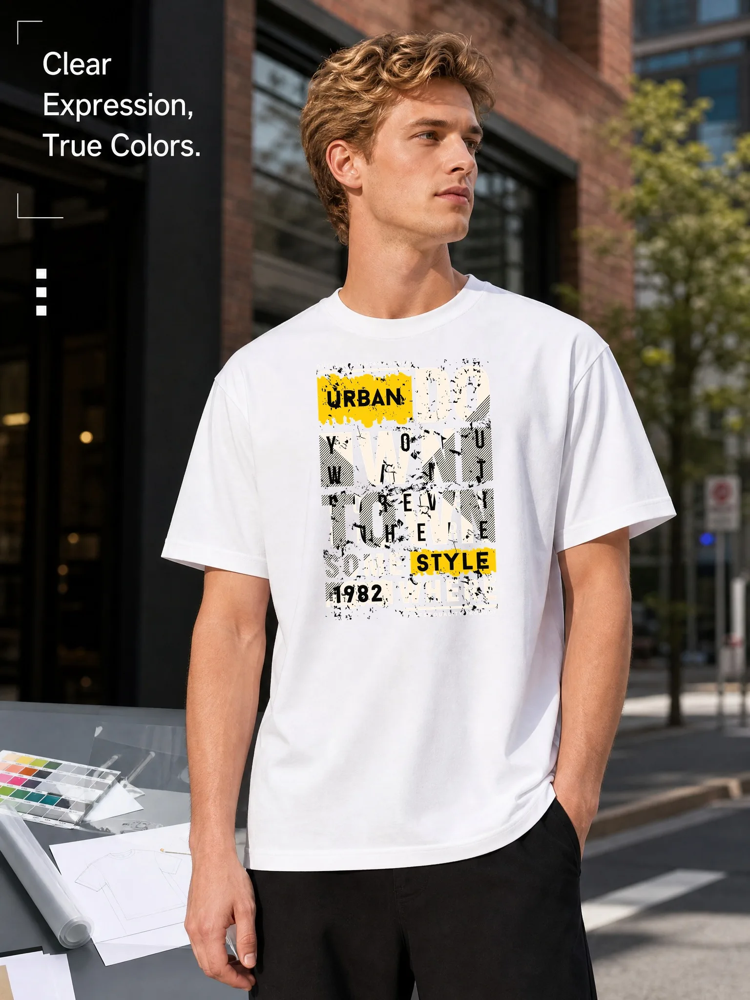 Street Fashion Urban - 남성용 흰색 라운드넥 반팔 티셔츠, 도시적인