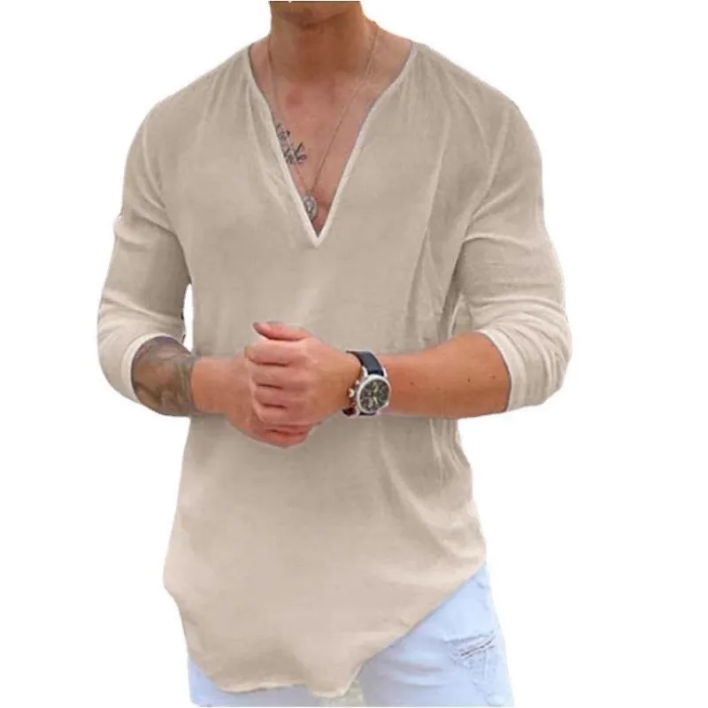 Men Solid Color Deep V Neck Long Sleeve T-Shirt Casual Irregular Hem Loose Blouse Tops