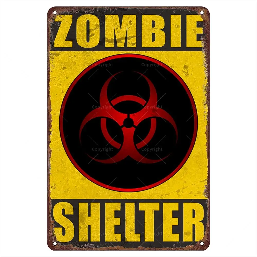 Zombie Shelter Tin Sign - Vintage Retro Warning Sign,  - Rustic Wall Decor For Home, Garage, Man Cave, Or Office - Gift For Zomb