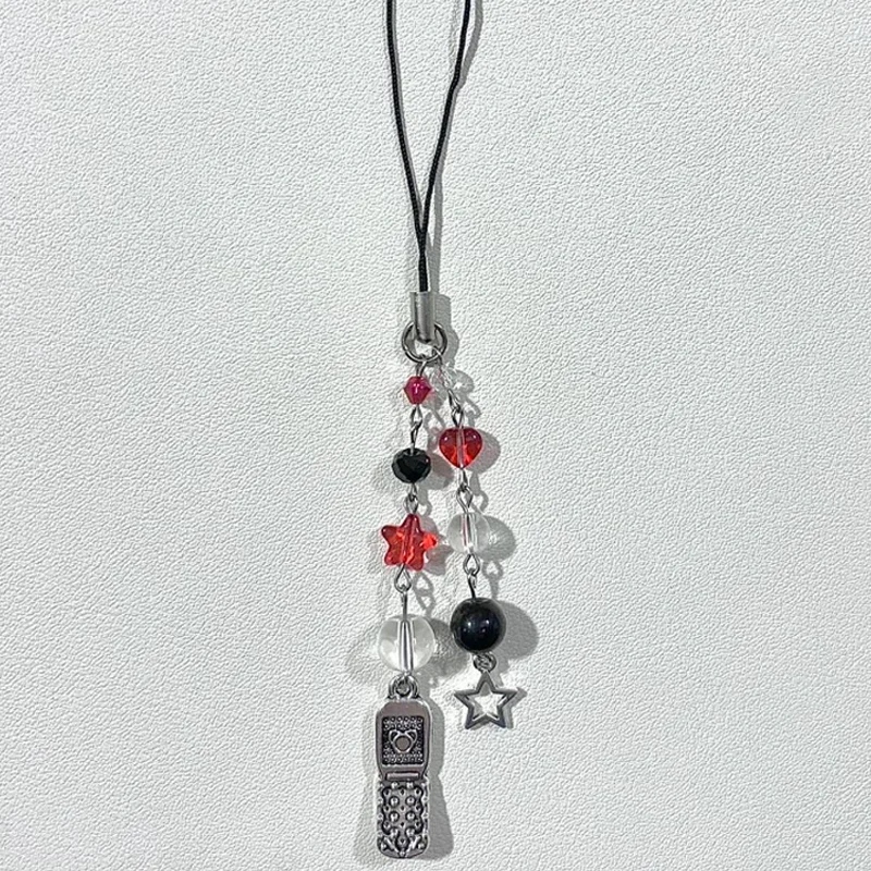 LLavero de teléfono negro y rojo hecho a mano, llavero de bolsa coqueta