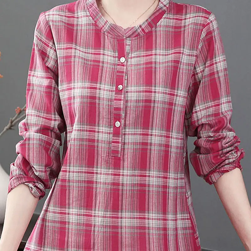2023 Casual Plaid Printed Round Neck Midi Shirt Spring Autumn Button Female Clothing Long Sleeve All-match Loose Commute Blouse