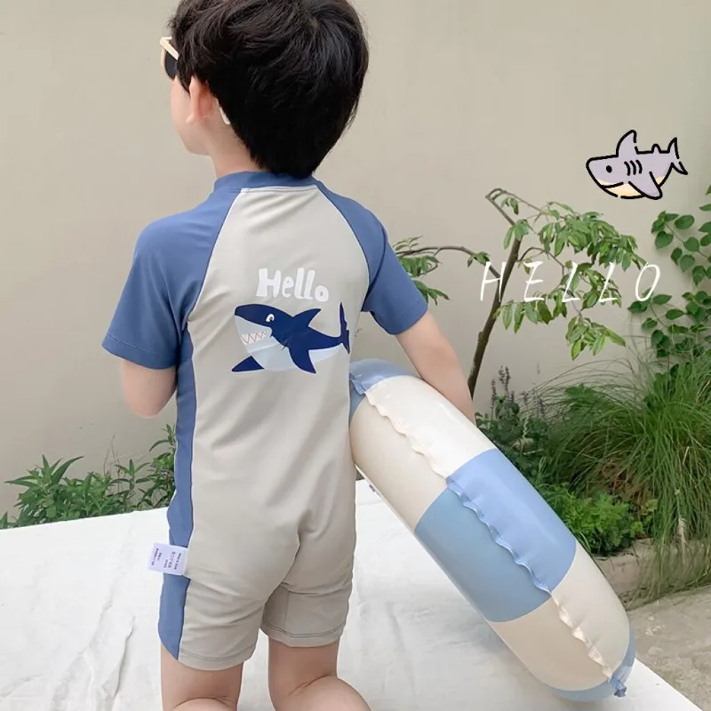 Children Jumpsuit Short Sleeved Swimsuit for Boy Summer Cute Cartoon Quick Drying Clothing Zipper Sunscreen Swimwear ملابس اطفال