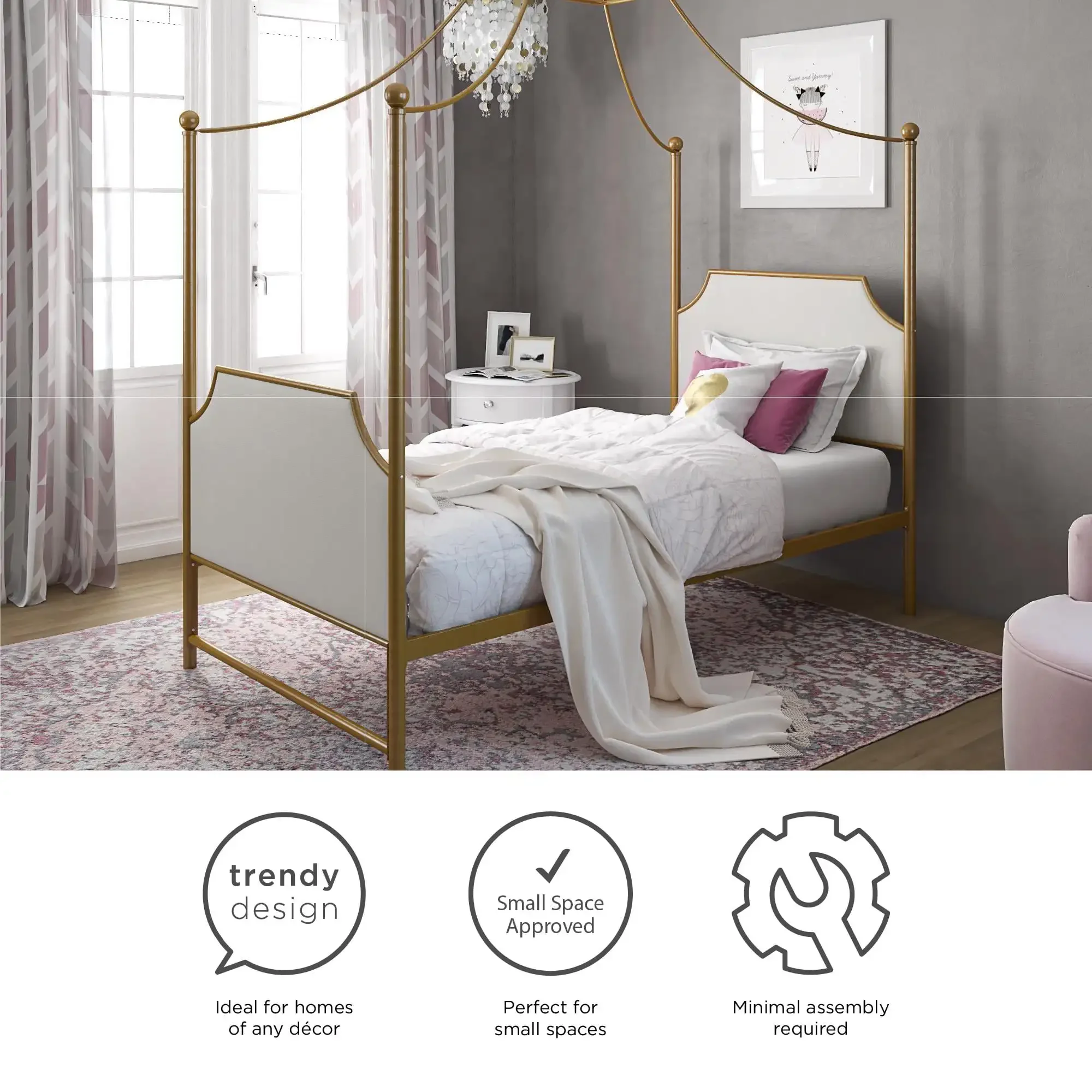 -Monarch Hill Clementine Dossel Cama Twin Size Frame Ouro Resistente Dossel De Metal Dourado Estrutura De Cama De Linho Branco Estofado Cabeça