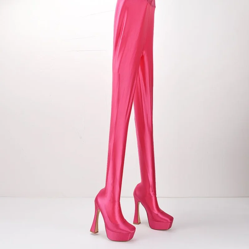 Large Size  Super High Heel Platform Sexy Women's Chunky Heel over-the-Knee Boots One-Piece Boots Elastic Pants Boots