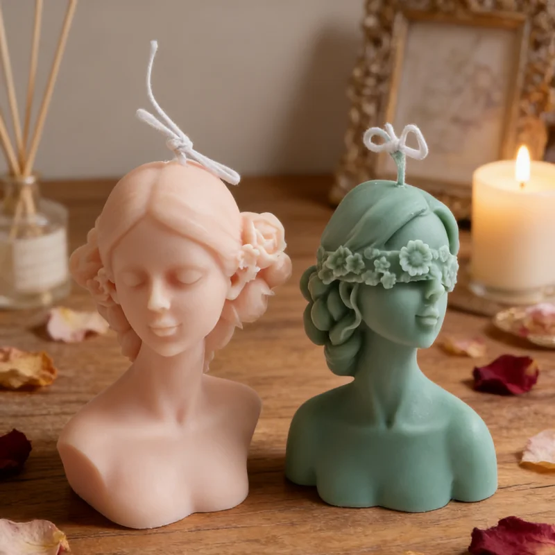 3D Lady Female Bust Silicone Candle Molds Charming Floral Blindfold & Rose Hair Resin Mold DIY Aesthetic Art Studio Gifts Decor