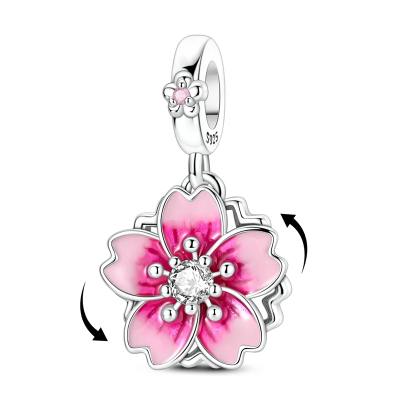 Fit Original Bracelet 925 Sterling Silver Charms Bead CZ Zircon Double Layered Rotating Cherry Blossom Dangle DIY Jewelry Gift