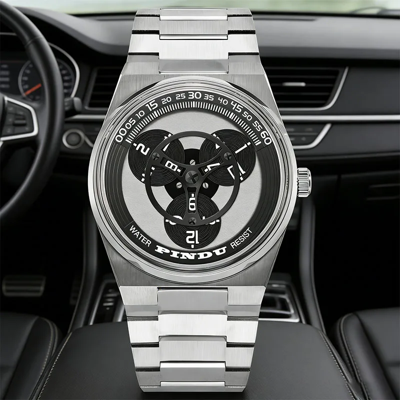 PINDU Men's New Automatic Watch Steel Strap Business Men's Watch 50m Waterproof Folding Buckle Strap
