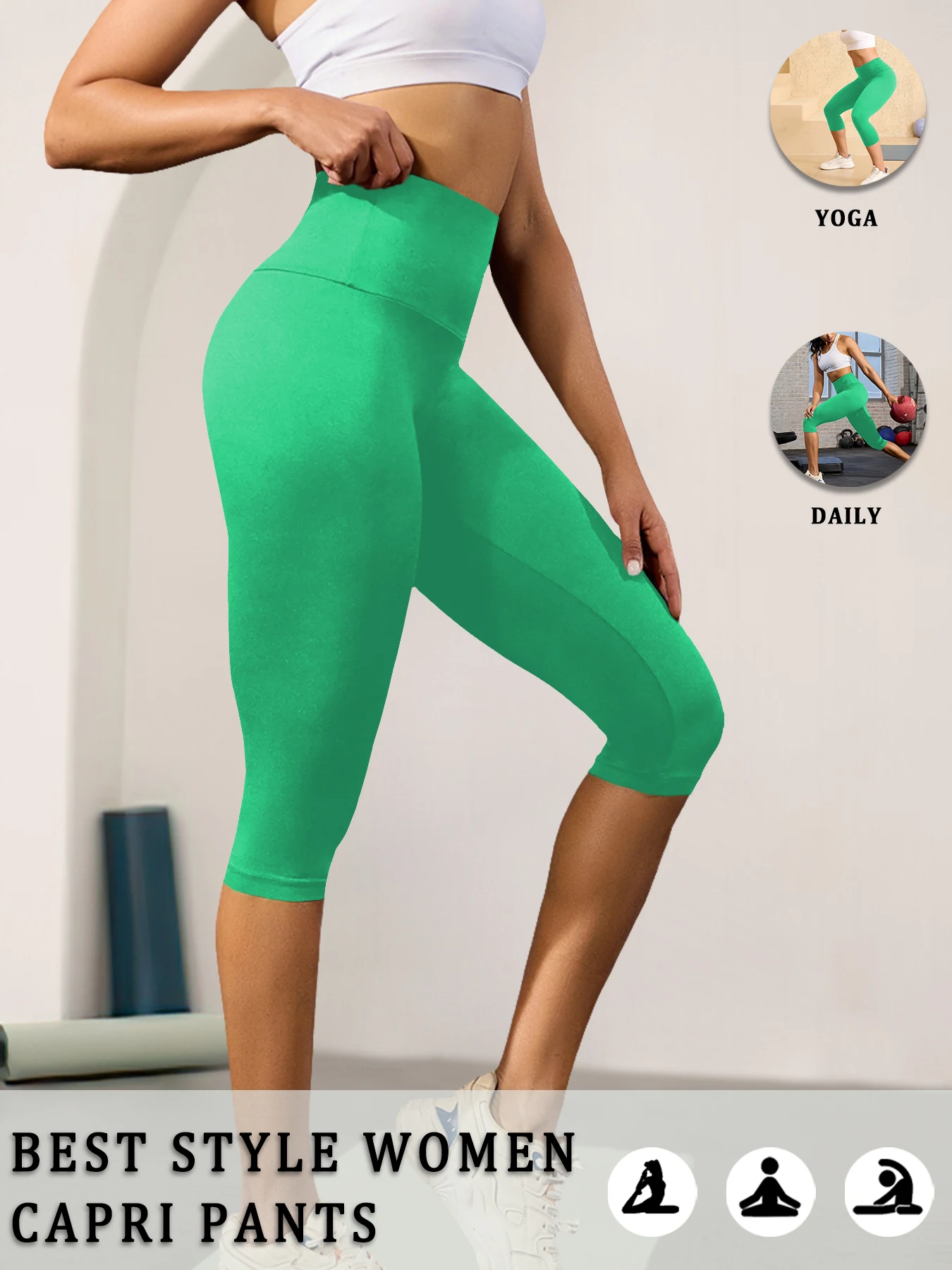 Damen High-Waist Caprihose, superweich, nicht durchsichtig, Bauchkontrolle, Yoga, Lauf-, Workout-, Freizeit-Leggings für Zuhause – Detail 12
