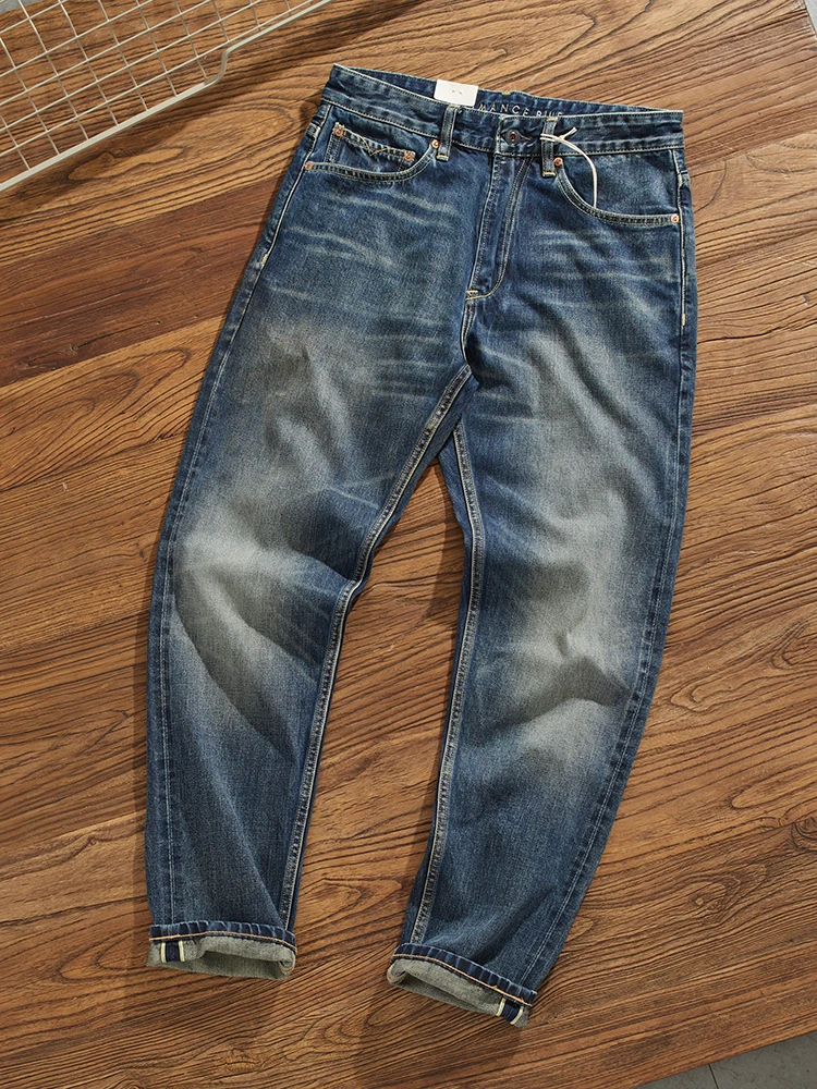 Jeans denim Selv da uomo autunno inverno gamba dritta casual pantaloni lunghi retrò con baffi vintage di grandi dimensioni