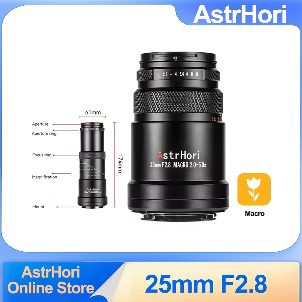 

AstrHori 25mm F2.8 Full Frame Macro 2X-5X Manual Focus Lens for Insect Business Specimen Flower Still Life Character Shooting