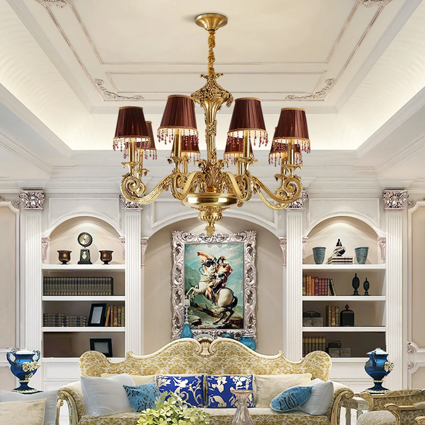 European Dining Room Bedroom Classic Brass Chandelier Living Room Apartment Fabric Aesthetic Pendant Light