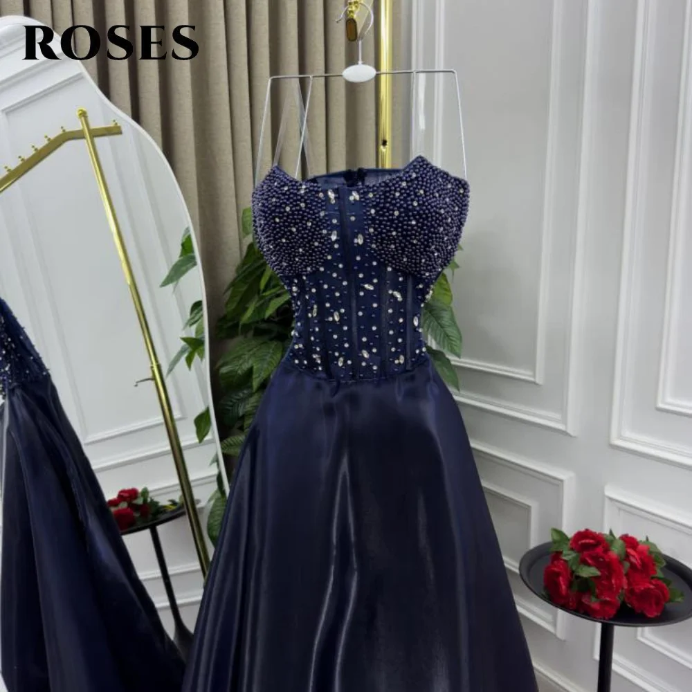 Rosas azul marinho vestido de festa com pregas a linha sem mangas vestido de noite glitter querida vestido de celebridade para mulher personalizado