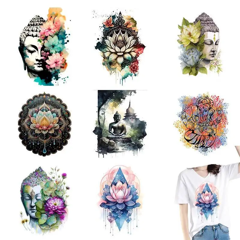 

25CM Colorful Ink Wind Lotus Heat Transfer Printing Clothing Printing Sticker DIY Solid Color T-shirt Hoodie Iron On Decoration
