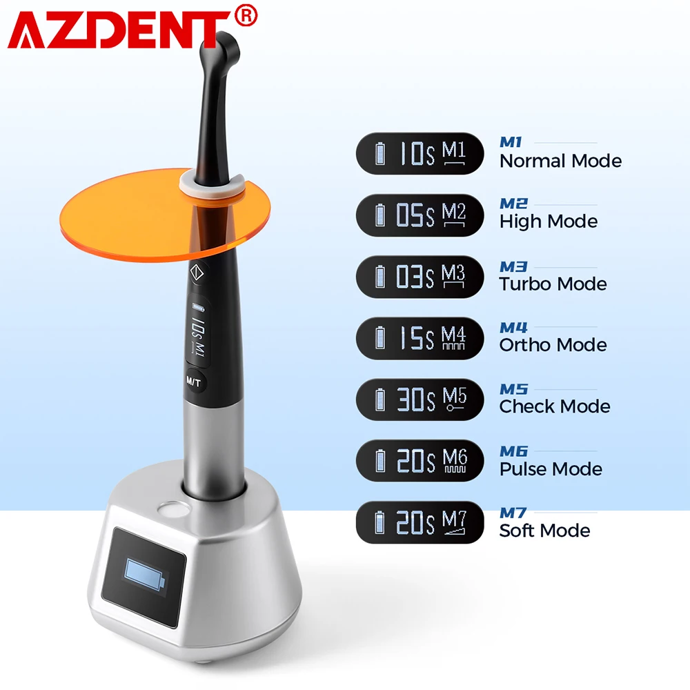 AZDENT Dental-LED-Härtungslicht, 1 Sek. Aushärtung, 7 Modi, Intensität 2000 mW, breites Spektrum,