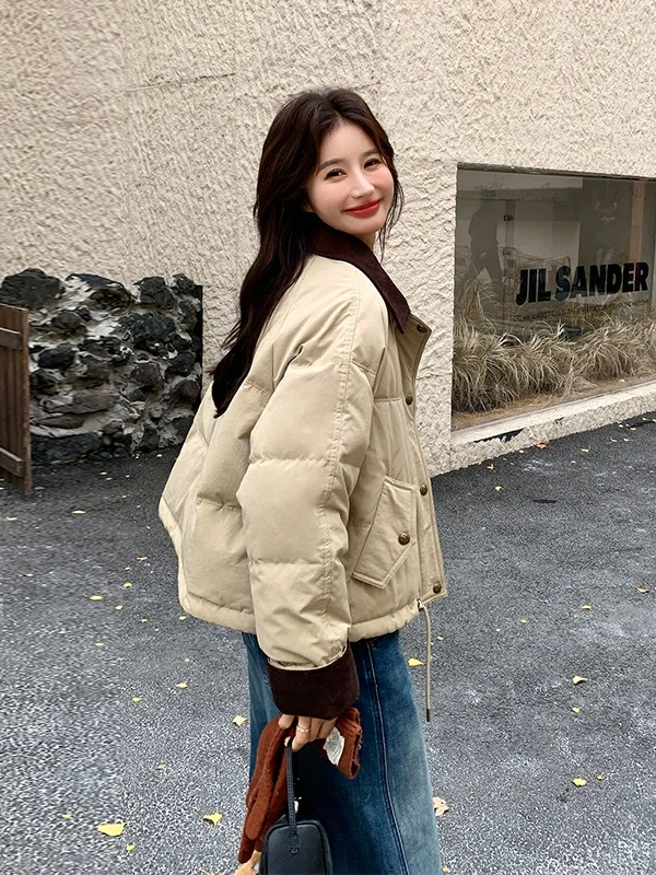 Veste d'hiver en duvet pour femme i Color Blo ort, style décontracté, petite taille, vêtement d'extérieur à cordon, blanc, duvet chaud