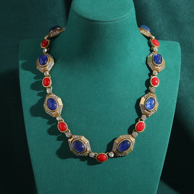 

Vintage Blue Cat Eye Necklace Jewelry Natural Stone Woman African Gold Color Weddings Choker Collar Luxury Designer Antique New