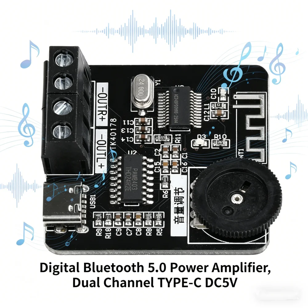 XH-A164 PAM8403 Digital Bluetooth Amplifier Board 5V Type-C 5W+5W Dual Channel Audio Amp for DIY and Car Speaker Subwoofer