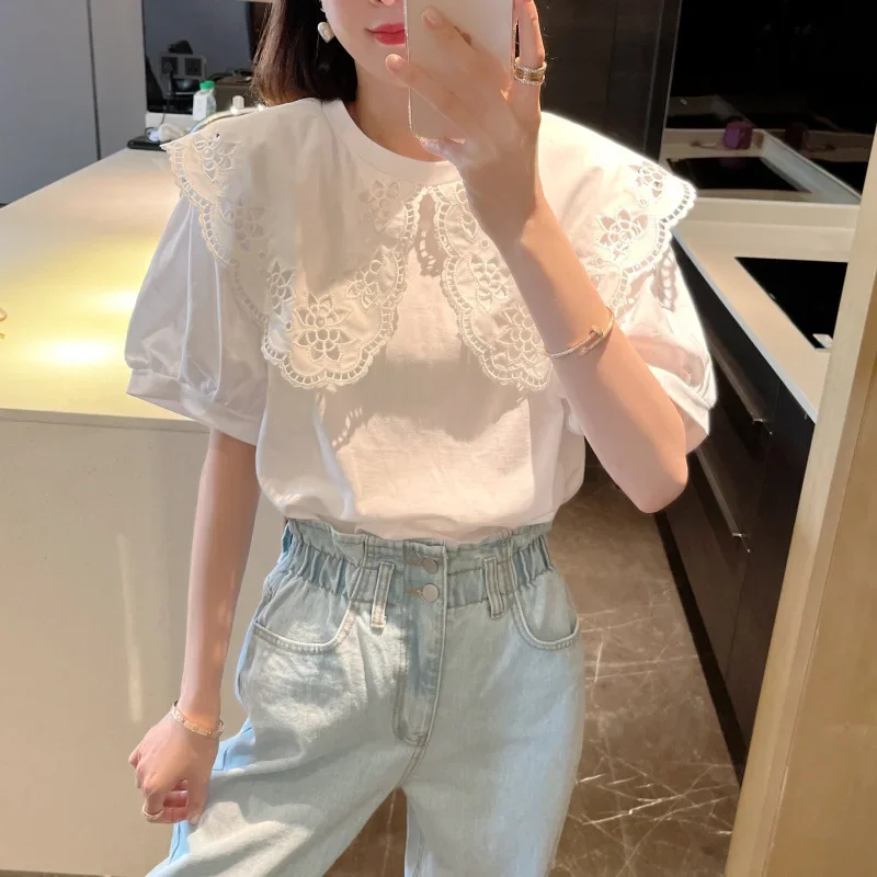 2023 new ladies white chic openwork Peter Pan collar sweet lotus petal collar T-shirt loose top Y2k white short sleeves