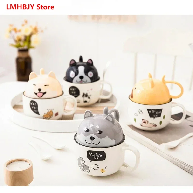 LMHBJY 350ml Kawaii Shiba Inu Mug Cute Cartoon Ceramics Mug With Lid Spoon Coffee Milk Tea Mugs Breakfast Cup Drinkware Gifts