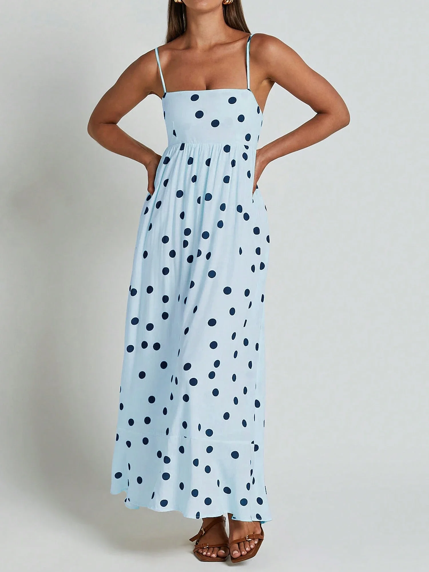 

Women Summer Spaghetti Strap Long Polka Dot Dress Backless Sleeveless Flowy Casual Beach Sundress