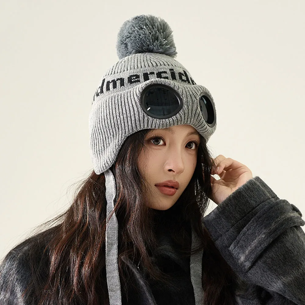 

Fashion Windproof Glasses Knitted Hat Ear Protectors Warm Woolen Hat Cold-proof Beanie Hats Winter