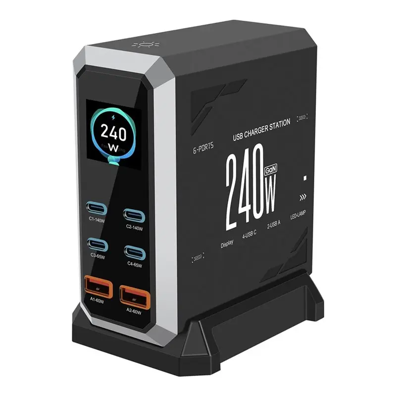 ABGI 240W GaN USB C Station, 6 Port Fast Desktop Charging Block PD3.1 140W for Notebook Laptop 16 Pro Max