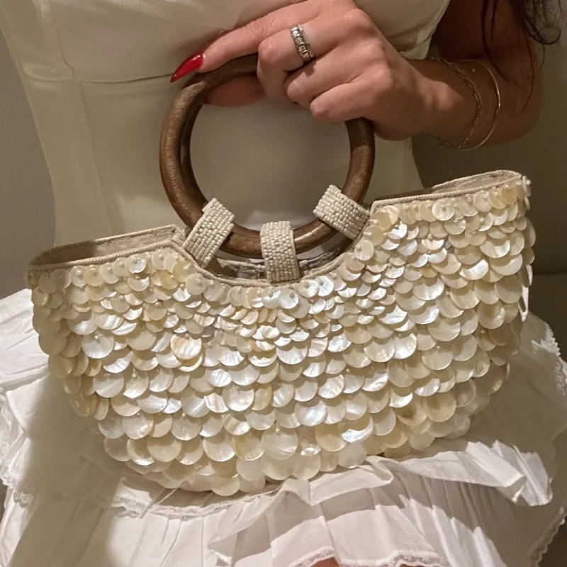 

Handmade Brand Shell Bag Wooden Handle Handbag For Women Luxury Embroidered Rhinestone Pearl Diagona Exquisite Banquet Purse Bag