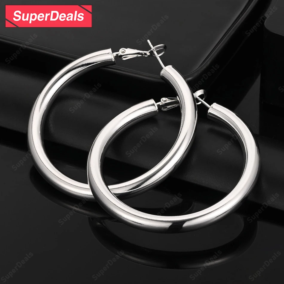 

SuperDeals 50mm 925 Sterling Silver Round Smooth Hoop Earrings Women Charm Engagement Wedding Birthday Party Beautiful Jewelry