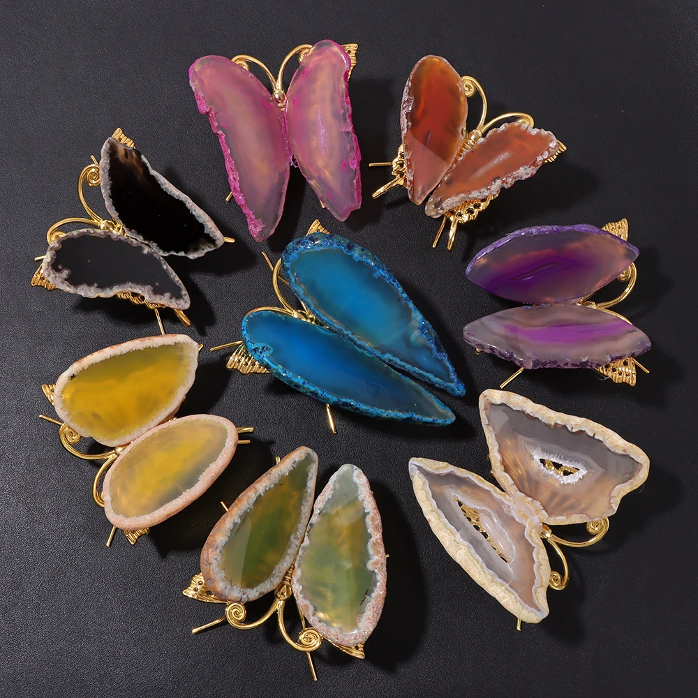 1PCS Natural Agates Butterfly Wings Decoration Colorful Agat Slice Metal Butterflies Artware For Office Home Decor Lucky Gifts