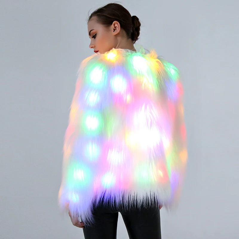 Women's Unique Warm Faux Fur Jacket Thicken Cool Night Dancing Props Casual Loose Soft Crop Outwear Winter Chic Coat