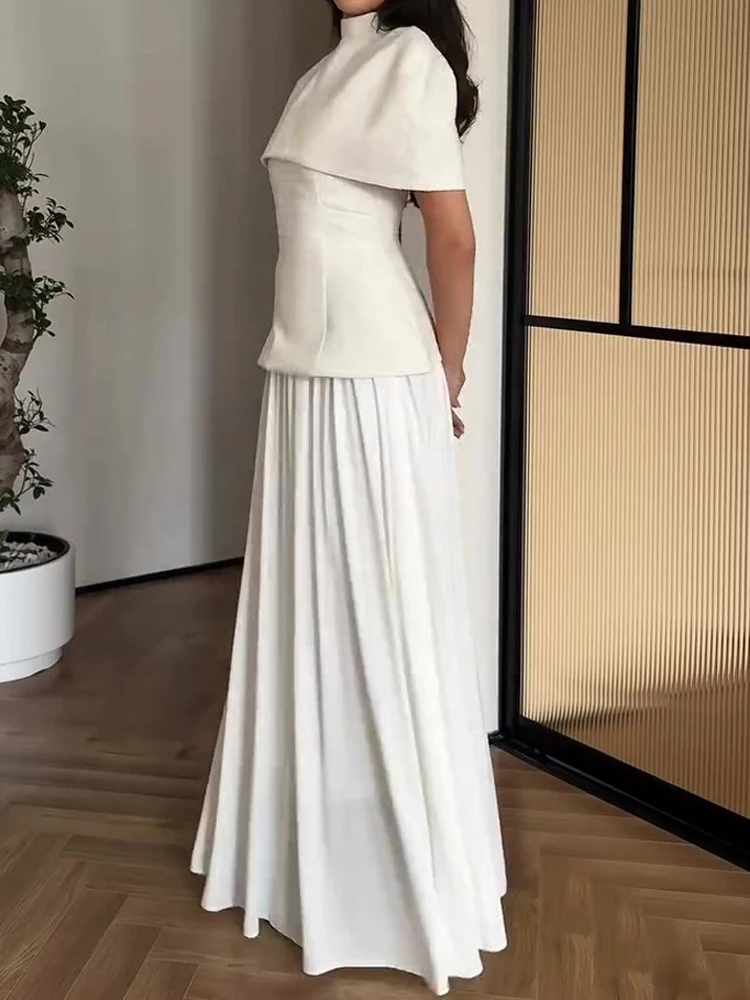 

Весенне-летний темпераментный повседневный костюм, элегантный однотонный наряд для поездок на работу, женский комплект с воротником-стойкой, топ с короткими рукавами и юбка, праздничный комплект