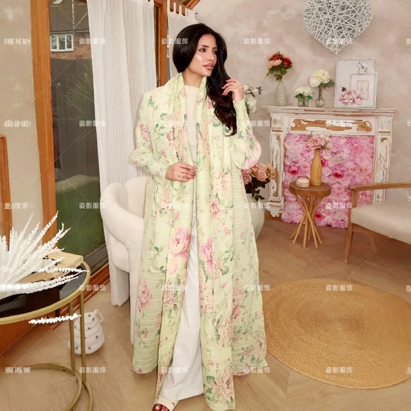 

Middle East Saudi Arabia Women's Pleated Printed Abaya Dress Full Sleeved Cardigan Long Coat Light Luxury Ethnic Style Robe