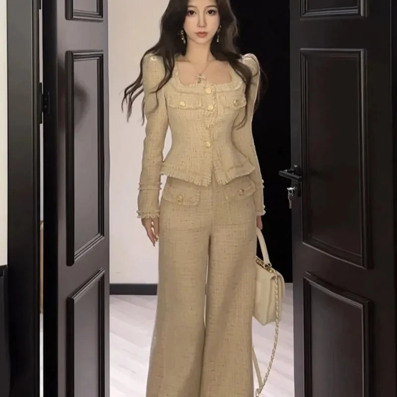 Women's Jacket Casual Slim Square Collar Long Sleeve Plaid Short Jacket Same Style Loose Pants Luxury Design Wool Pants Suit