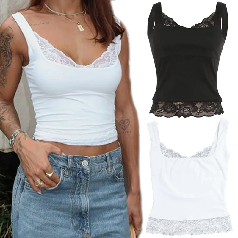 New Black White Lace Tank Top for Women V-neck Backless Streetwear Spaghetti Patchwork Cropped Y2k Tops Female Sexy Lace Vest