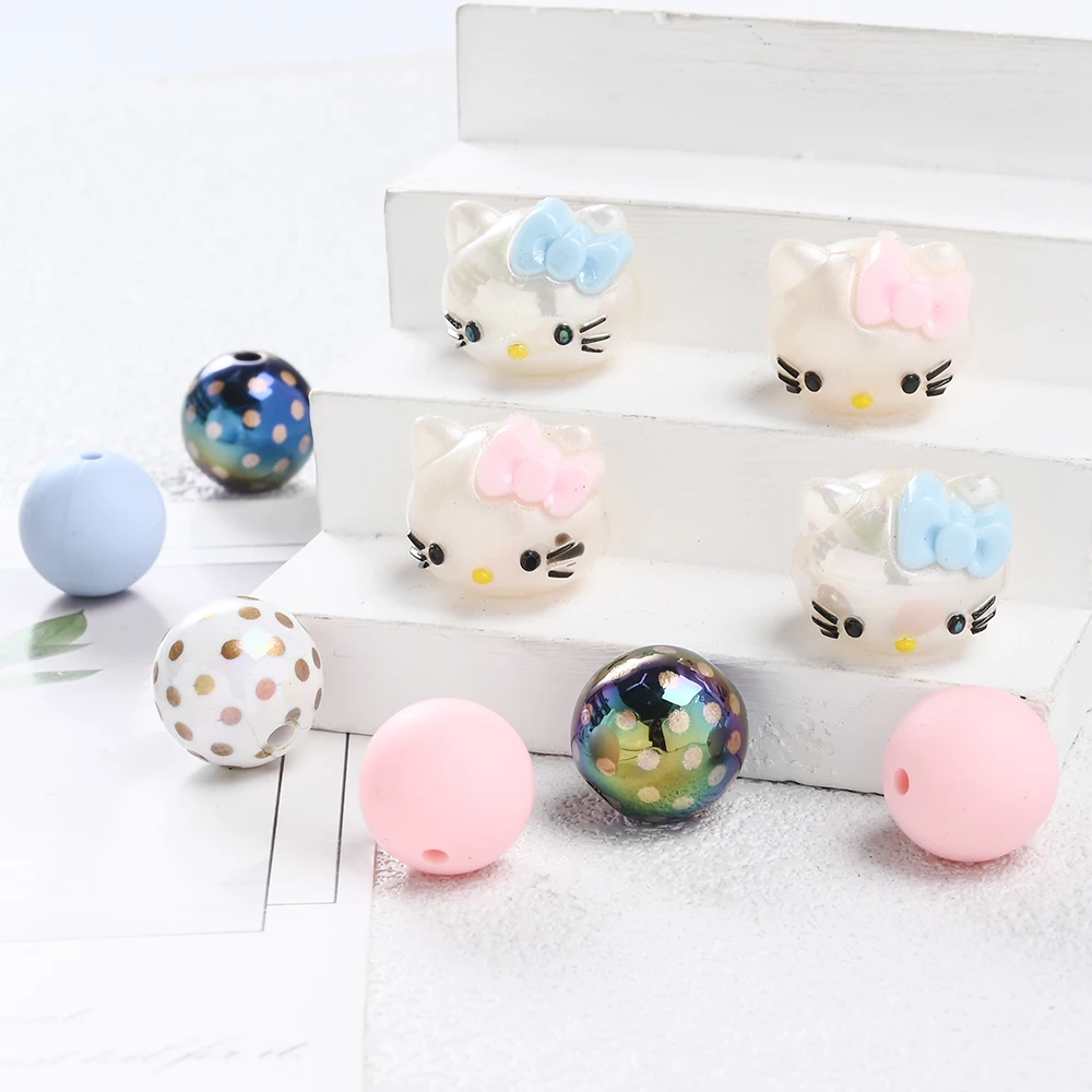 

37Pcs Resin KT Cat Head Image Beads Black and White Polka Dot Baby Teething Bead Set DIY Bracelet Necklace Pacifier Chain Making