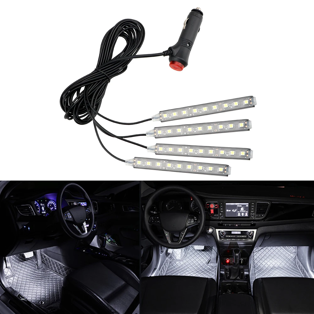 Dash Floor Foot Strip Lights 9 LED 4 In 1 Car Interior Atmosphere Lights Cigarette Lighter Adapter Auto Decorative Lamp