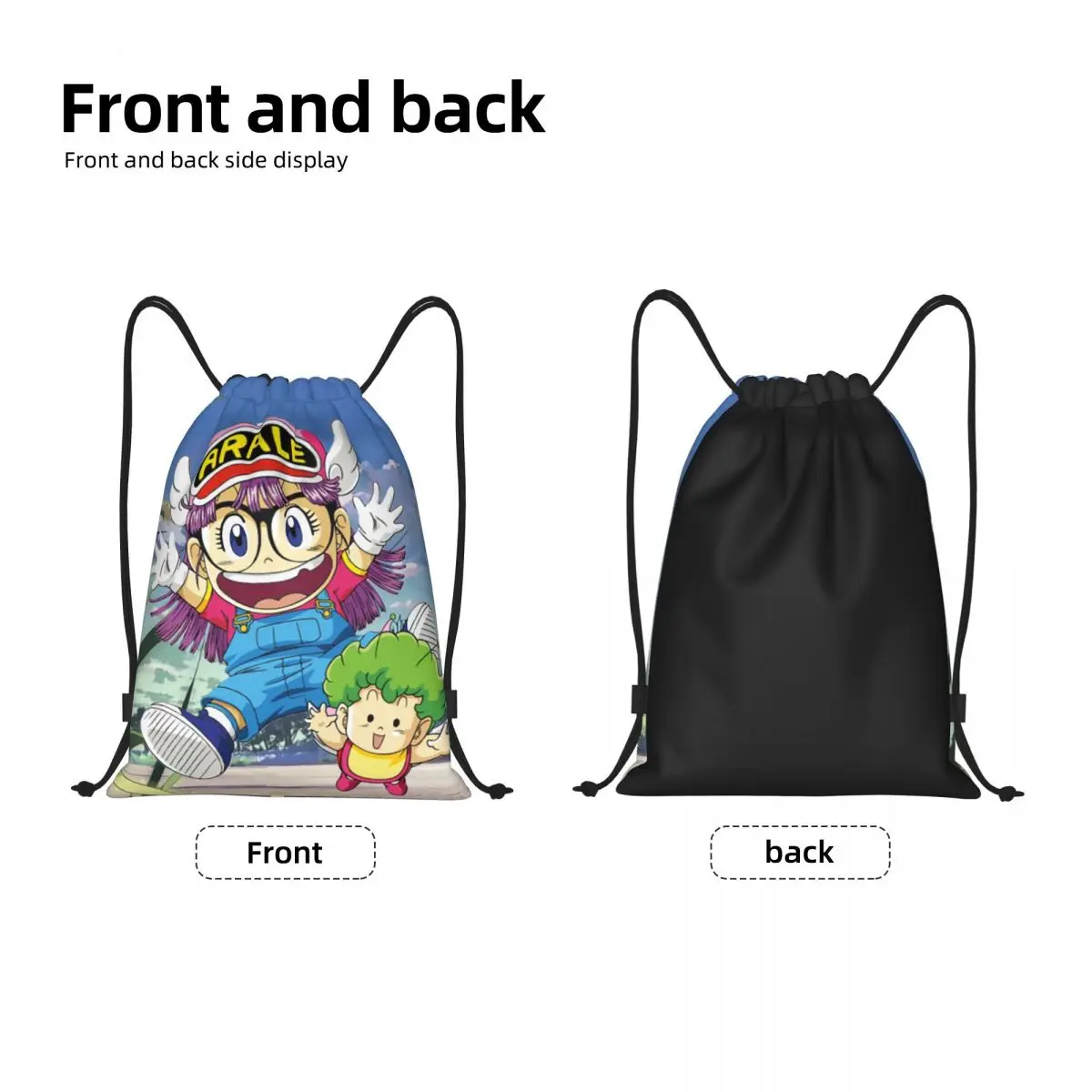 Custom Arale Norimaki And Gatchan Drawstring Bags Women Men Portable Sports Gym Sackpack Dr Slump Anime Shopping Backpacks