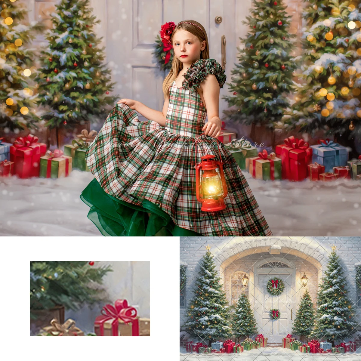 

Snowy Doorstep Background Kids Adult Photography Prop Child Baby Christmas Tree Wooden Door Wreath Decor Studio Photo Backdrop