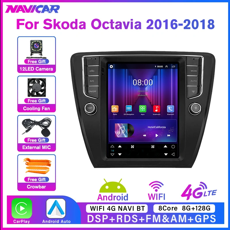 

NAVICAR Android10 Car Radio For Skoda Octavia 2016-2018 For Tesla Style Screen Car Multimedia Video Player 8G+128G DSP Carplay