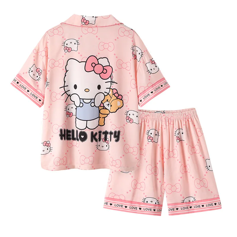 Kawaii Sanrios Anime Hellokitty Pajamas Suit Cartoon Cute My Melody Spring Summer Breathable Round Neck Loose Fitting Girl Gift