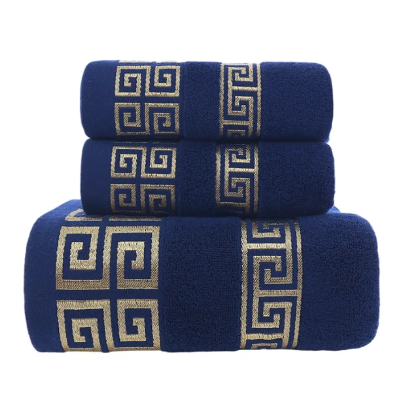 3PCS Bath Cotton Towel Set Geometric Embroidered 2pcs 35x75cm Face Hand Towel and 1PCS 70x140cm Big Bath Towels 수건 세트 Blue White