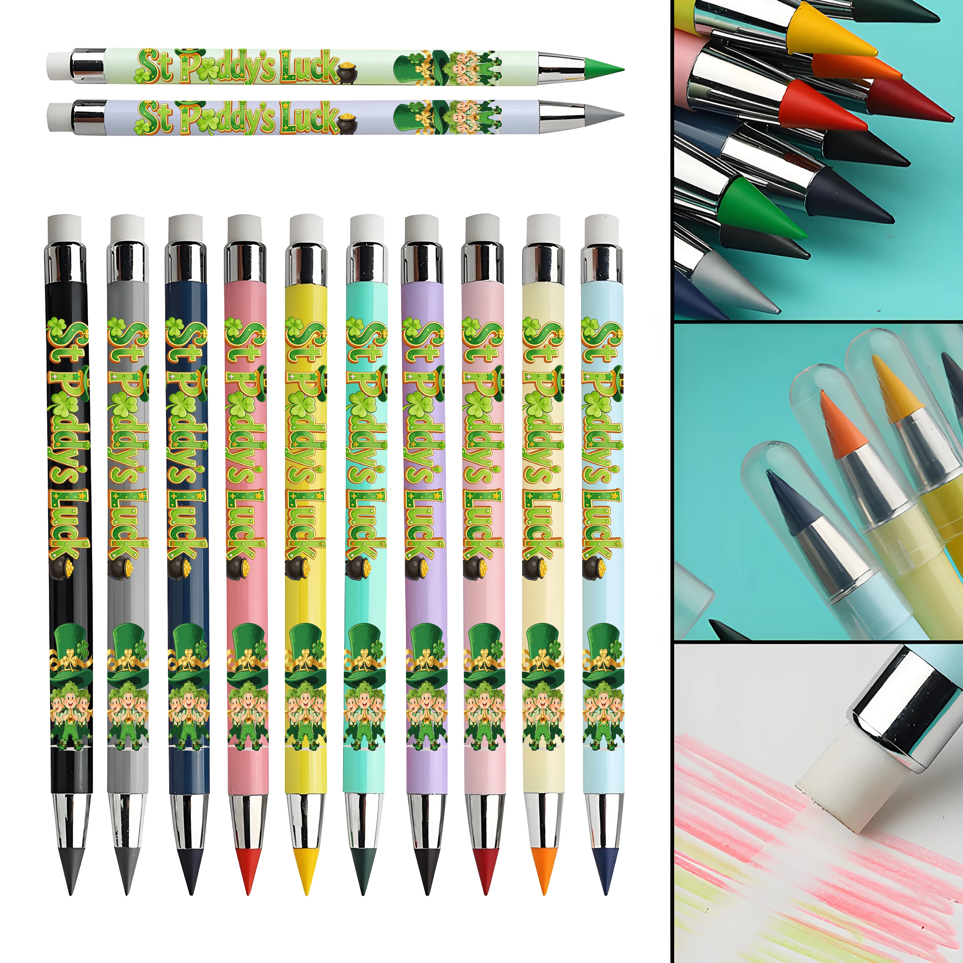 

12pcs St. Patrick's Day themed print+English pattern eternal pencil macaron color student drawing colored lead.