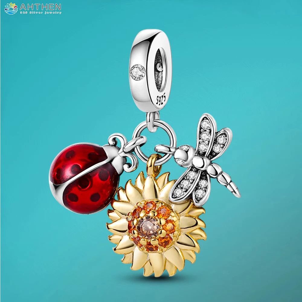 

Ahthen 925 Sterling Silver Bead Ladybug Sunflower Dragonfly Dangle Charm fit Original Pandora Bracelets or Necklaces for Women