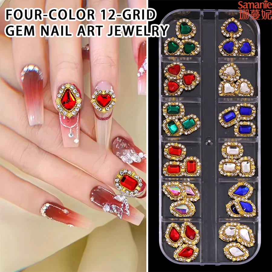 12 Grids Vintage Palace Nail Rhinestone Kit, 3D Gold Frame Heart Teardrop Square Gem Charms for Nail Art & DIY Handmade Craft