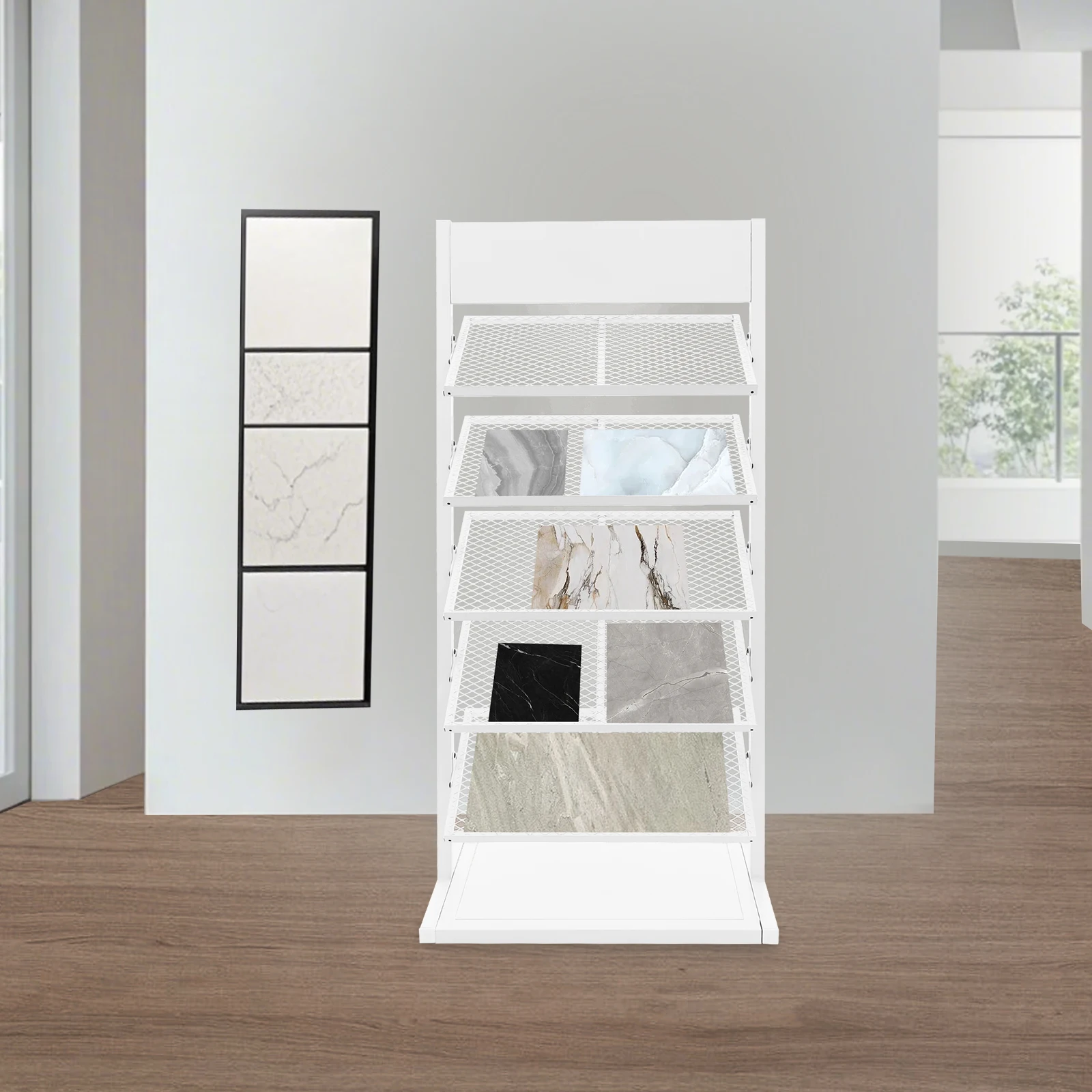 رف عرض بلاط حديدي مكون من 5 طبقات، منظم قائم على الأرض باللون الأبيض، حامل عينة من البورسلين السيراميكي ذو 5 أرفف، رف عينات ثقيل الوزن