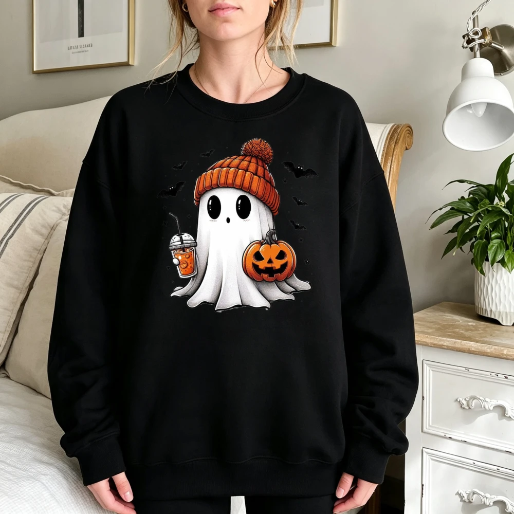 Cute Ghost Pumpkin Bucket Drink T Shirt Unisex Halloween Trick or Treat Graphic Print Short Sleeve Casual Autumn Girlfriend Gift