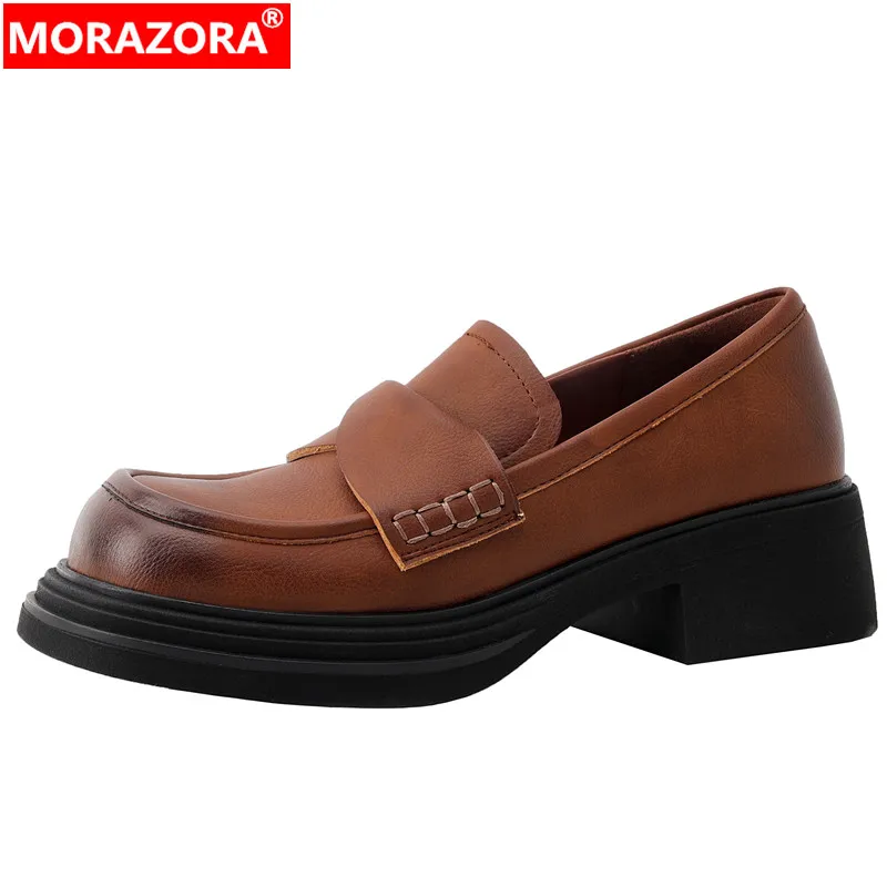 

MORAZORA 2024 New Slip On Genuine Leather Shoes Woman Retro Ladies Loafers Dress Shoes Square Med Heels Platform Pumps