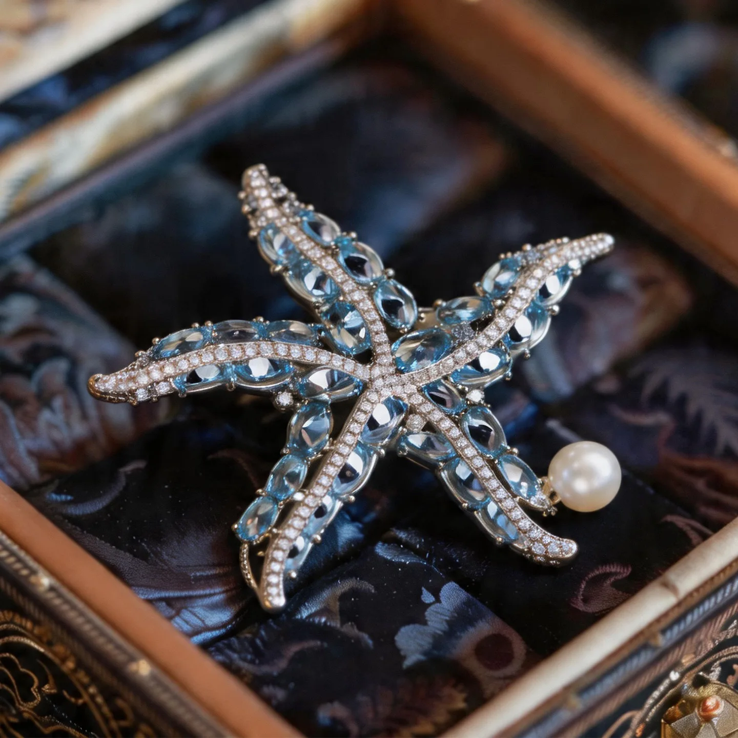 Luxury Copper Cubic Zirconia Blue Crystal Marine Animal Freshwater Pearl Starfish Brooch Clothing Fashion Accessory Pin
